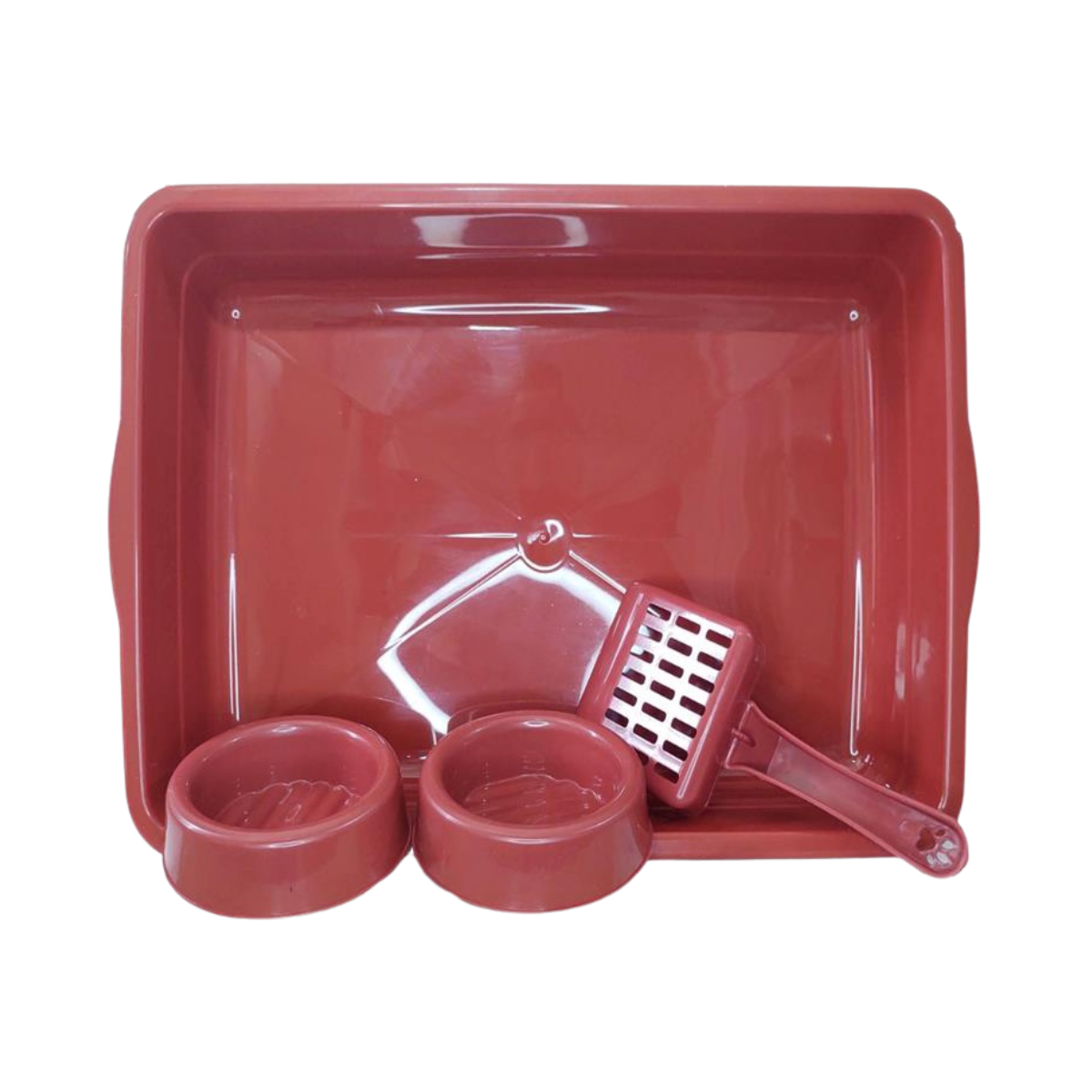Imagem de KIT BANDEJA GATO VERMELHO ( 1 BANDEJA, 2 COMEDOUROS, 1 PÁ) 2D PET