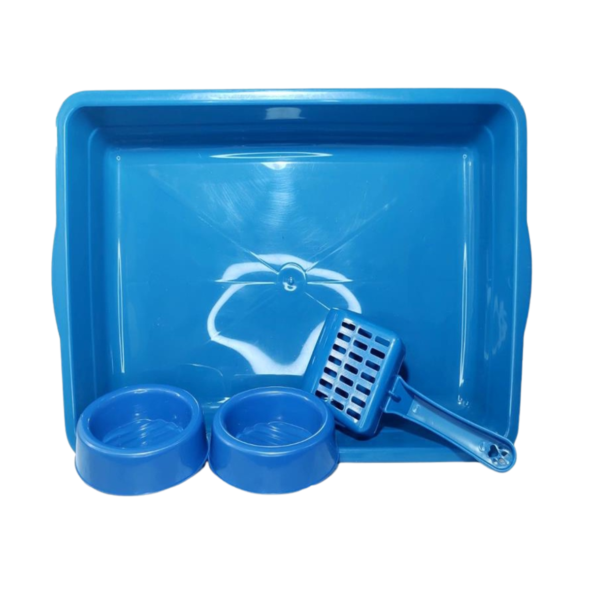 Imagem de KIT BANDEJA GATO AZUL ( 1 BANDEJA, 2 COMEDOUROS, 1 PÁ) 2D PET