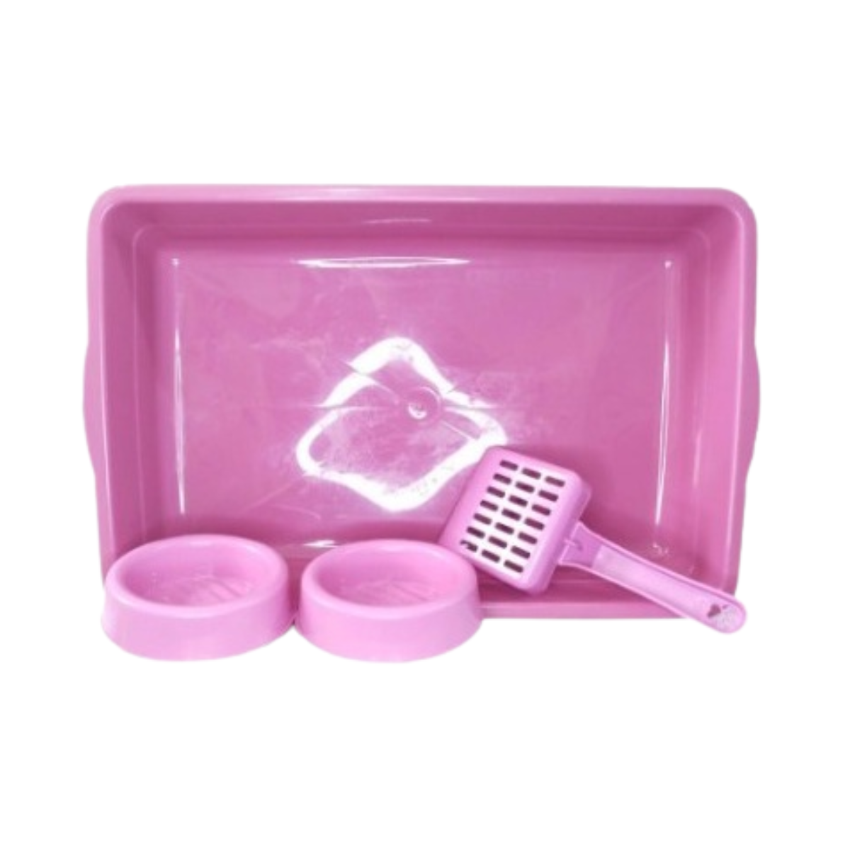 Imagem de KIT BANDEJA GATO ROSA ( 1 BANDEJA, 2 COMEDOUROS, 1 PÁ) 2D PET